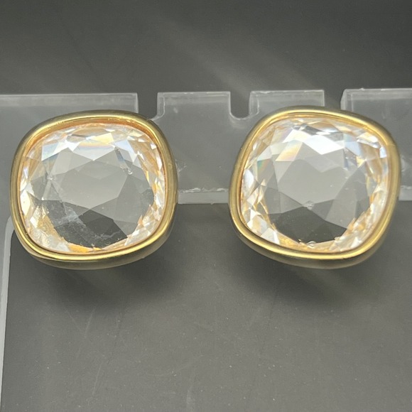 Swarovski Gold Tone Clear Crystal Square Stud Earrings - Picture 1 of 6